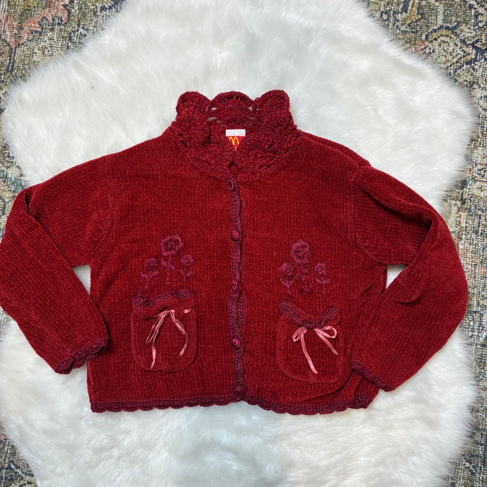 McKids Vintage Burgundy Chenille Crochet Collar Floral Embroidered Cardigan‎